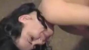 Horse cock pounding her hairy pussy really hard